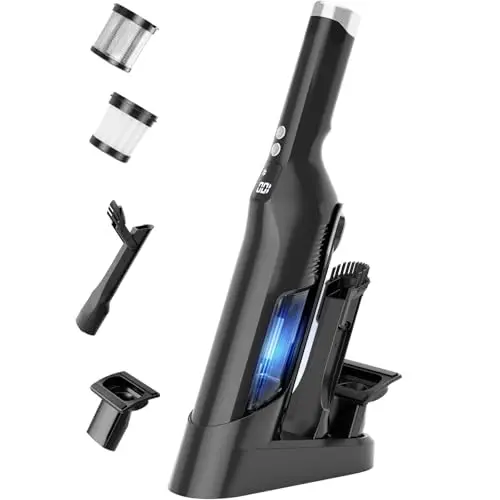 Sweepcent black lightweight handheld vacuum with charging dock.