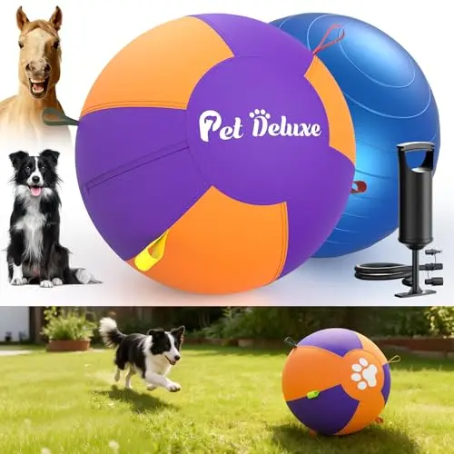 Pet Deluxe 18-inch purple herding ball for dogs with carry handles and foot pump