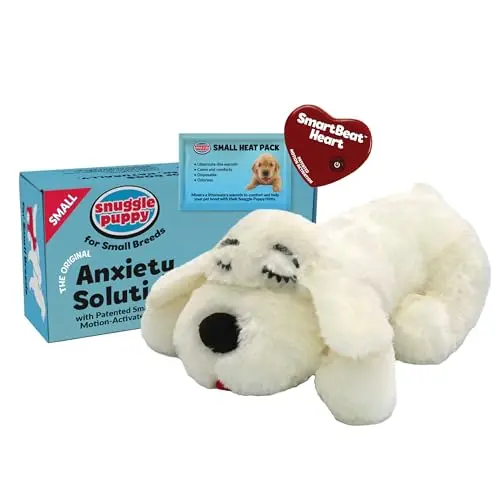 Snuggle Puppy cream-colored plush dog toy with a heartbeat device for small breeds