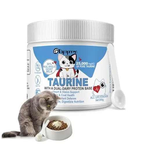 Dapoprren taurine powder supplement for cats with 30% whole goat milk in a container