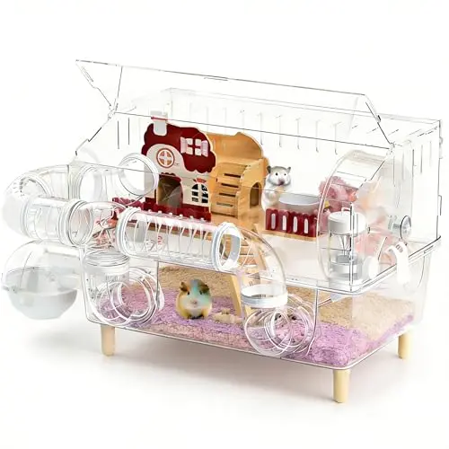 BShasrlim clear acrylic hamster cage with panoramic view and included accessories