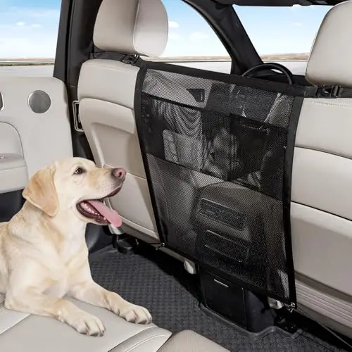 TKYZ black mesh dog car barrier featuring a storage pocket.