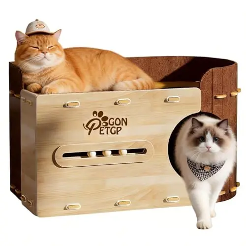 GONPETGP brown modern cat house cave with scratching pad and toy balls