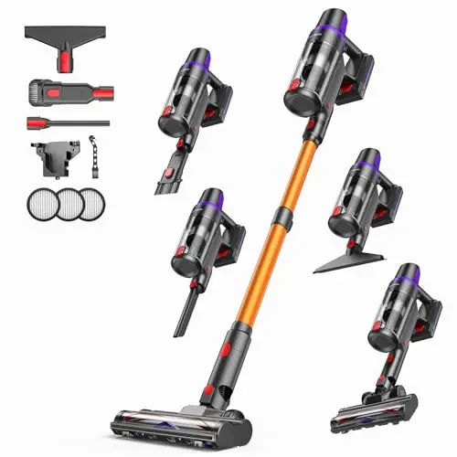 TechRise cordless stick vacuum standing upright on its own on a carpet