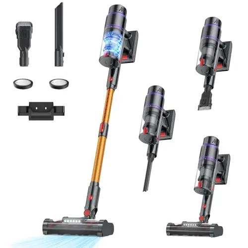 Frecaer cordless stick vacuum cleaner with smart display, standing upright on a hardwood floor.
