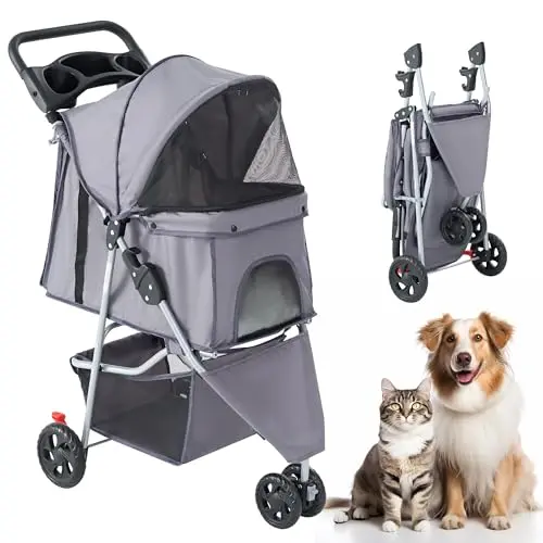 KMFurnila lightweight durable pet stroller with storage basket