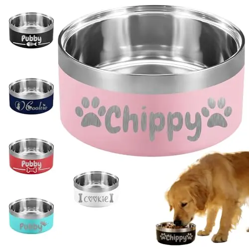 Bretonft personalized pink stainless steel dog bowl with engraved name