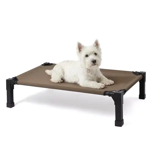 Niubya elevated outdoor dog bed with brown mesh and steel frame