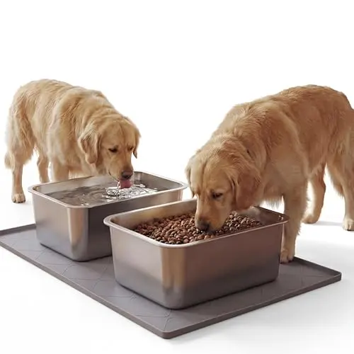 Yiyiring two massive stainless steel dog bowls with a gray silicone mat