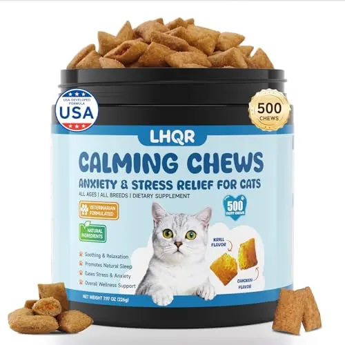 LHQR 500 Calming Chews for Cats in a large quantity package with chicken flavor