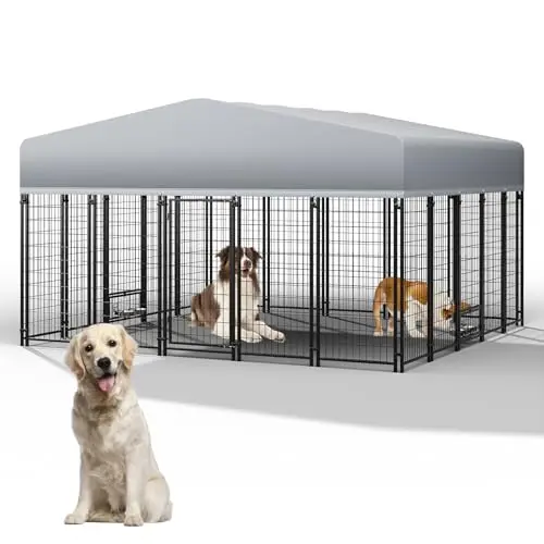 LotFun 10x10 foot black outdoor dog kennel with a PE waterproof cover and dual locking doors