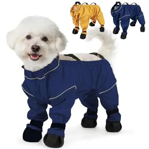 Yternal blue one-piece dog suit with reflective strip and boots
