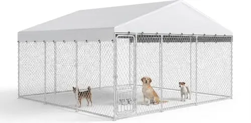 YITAHOME massive 14.8x14.8 foot silver outdoor dog enclosure with a half-open rotary door and stainless steel bowls