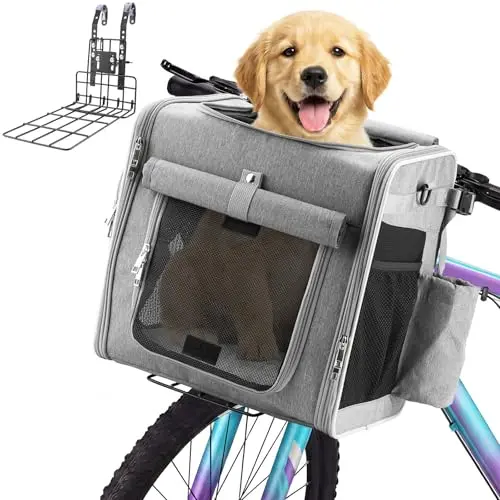 Ramalto expandable dog bike basket in dark gray, showing mounting bracket and mesh windows