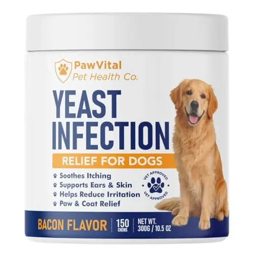PawVital Natural Yeast Infection Treatment Chews in a jar with bacon flavor