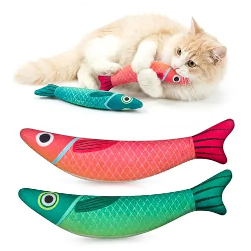 MAXTOOA red and green fish-shaped plush catnip toy with crinkle paper