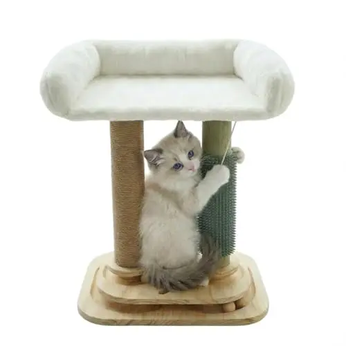 Minimalist pine wood cat tower with a bed, track ball toy, and scratching post