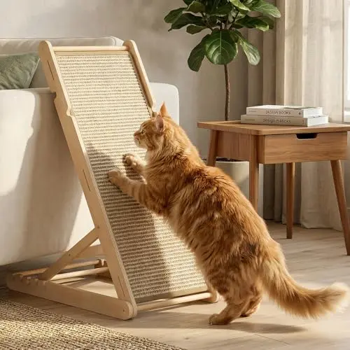 XiaZ yellow wooden sisal cat scratcher ramp with adjustable height