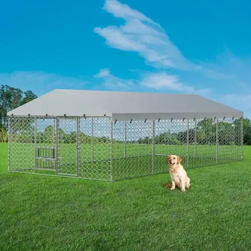 Lyromix silver 10x20 foot galvanized steel chain link dog run with an extended waterproof roof cover