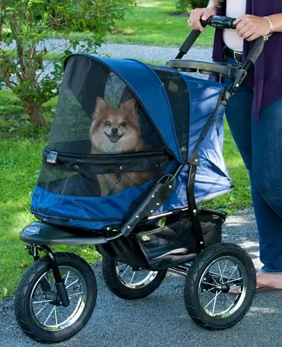 Pet Gear No-Zip Jogger pet stroller in sapphire blue with 12-inch airless tires.