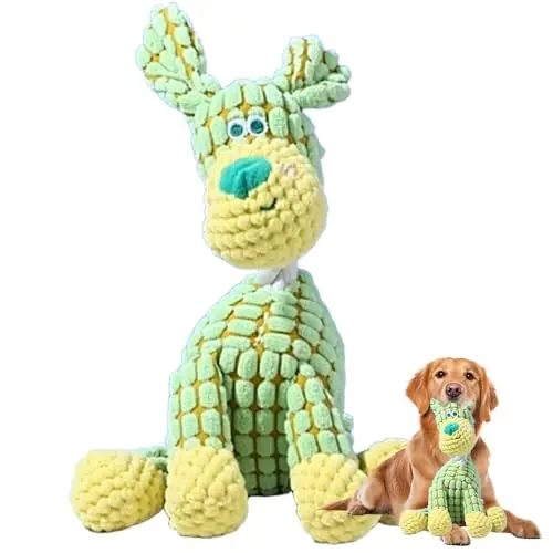 Green plush squeaky dog toy in a bone or tug shape