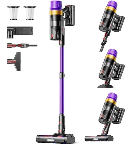 TVTAU T10 Pro purple cordless vacuum with wall docking station and tools.