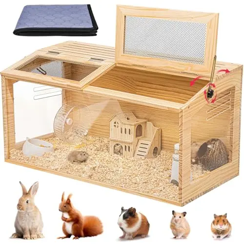 AronYada large wooden hamster cage with panoramic acrylic panels and mesh top