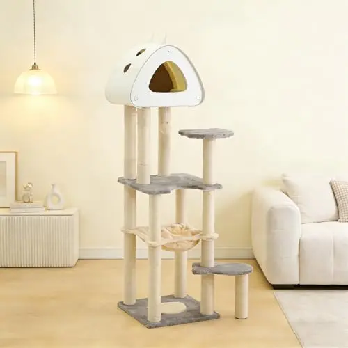 Msaider modern grey cat tree tower with hammock and scratching posts