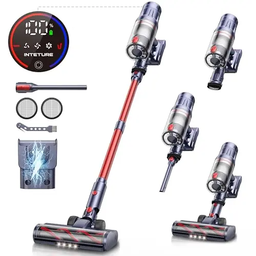 INTETURE BP20 red cordless stick vacuum cleaner with LED display