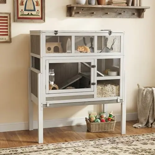 Magazoopet three-story white wooden guinea pig cage with ramps, a flip-open roof, and a pull-out bottom tray.