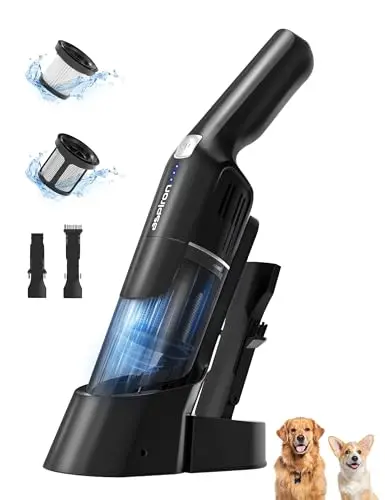 Aspiron black and silver handheld vacuum on a charging dock.