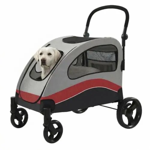 High-capacity foldable dog stroller with mesh windows and steel frame