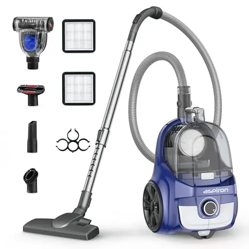 Aspiron canister vacuum with automatic cord rewind on a tiled floor