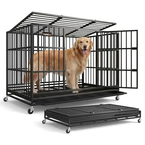 Feandrea heavy-duty dog crate with wheels and double doors in ink black