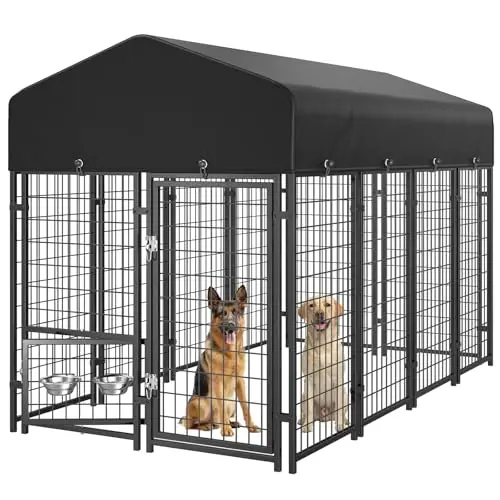 Sino Luban 8x4x6 foot black metal outdoor dog kennel with a waterproof roof and rotating feeder bowls