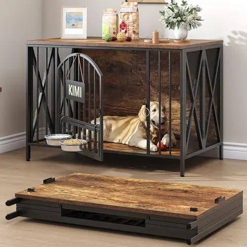 BOINN rustic brown and black foldable dog crate furniture with feeding station